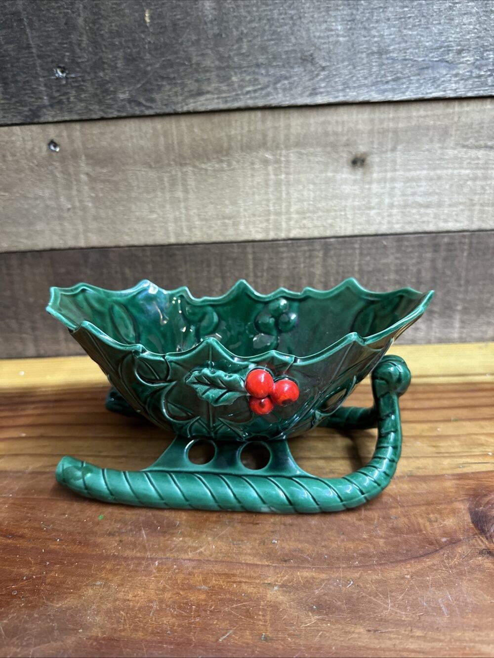 Vintage Christmas Lefton Green Holly Berry Sleigh Candy Dish / Bowl